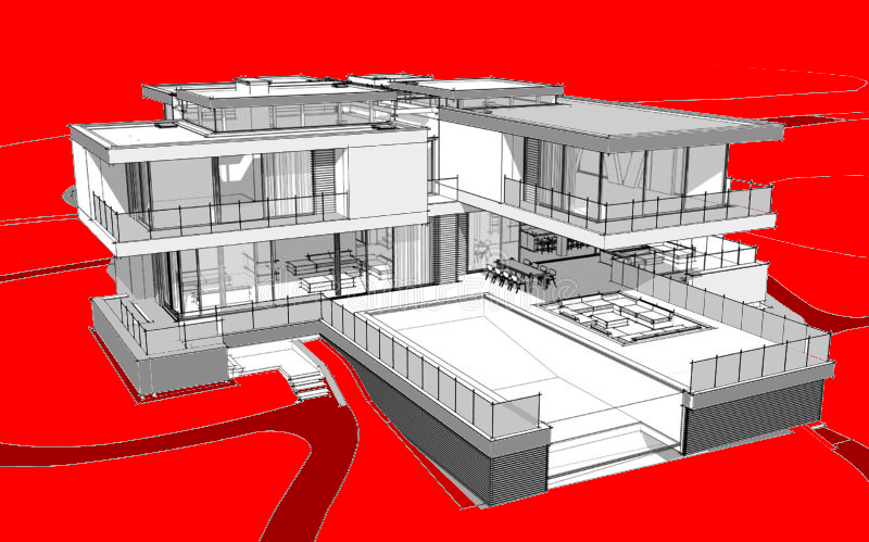 d-rendering-sketch-modern-house-cozy-river-garage-sale-rent-black-line-soft-light-shadows-white-127876895